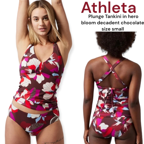 Athleta Plunge Tankini Hero Bloom Decadent Chocolate full bottom swimwear small - Picture 1 of 16